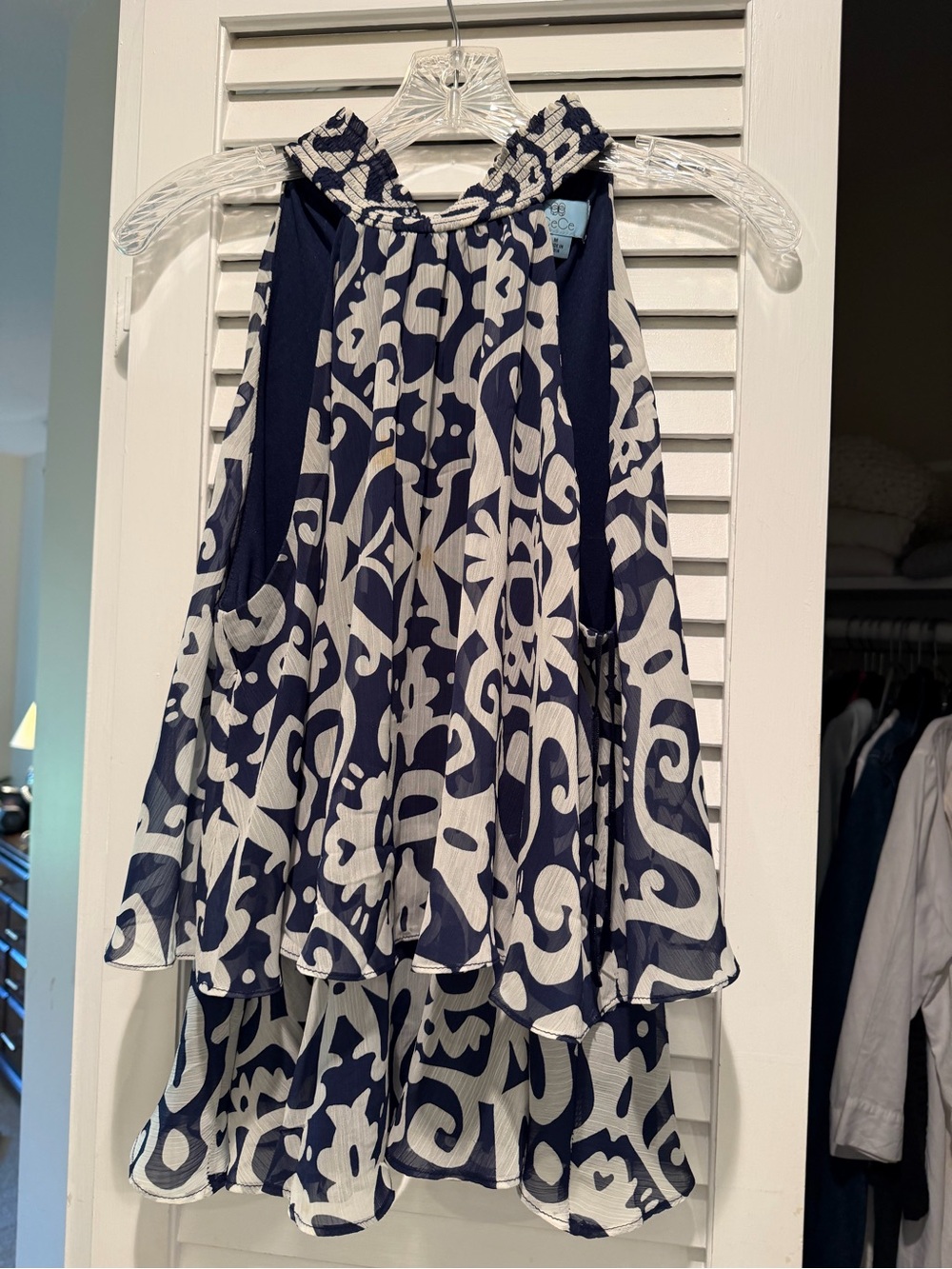 CeCe Navy and White Halter Ruffle Tank